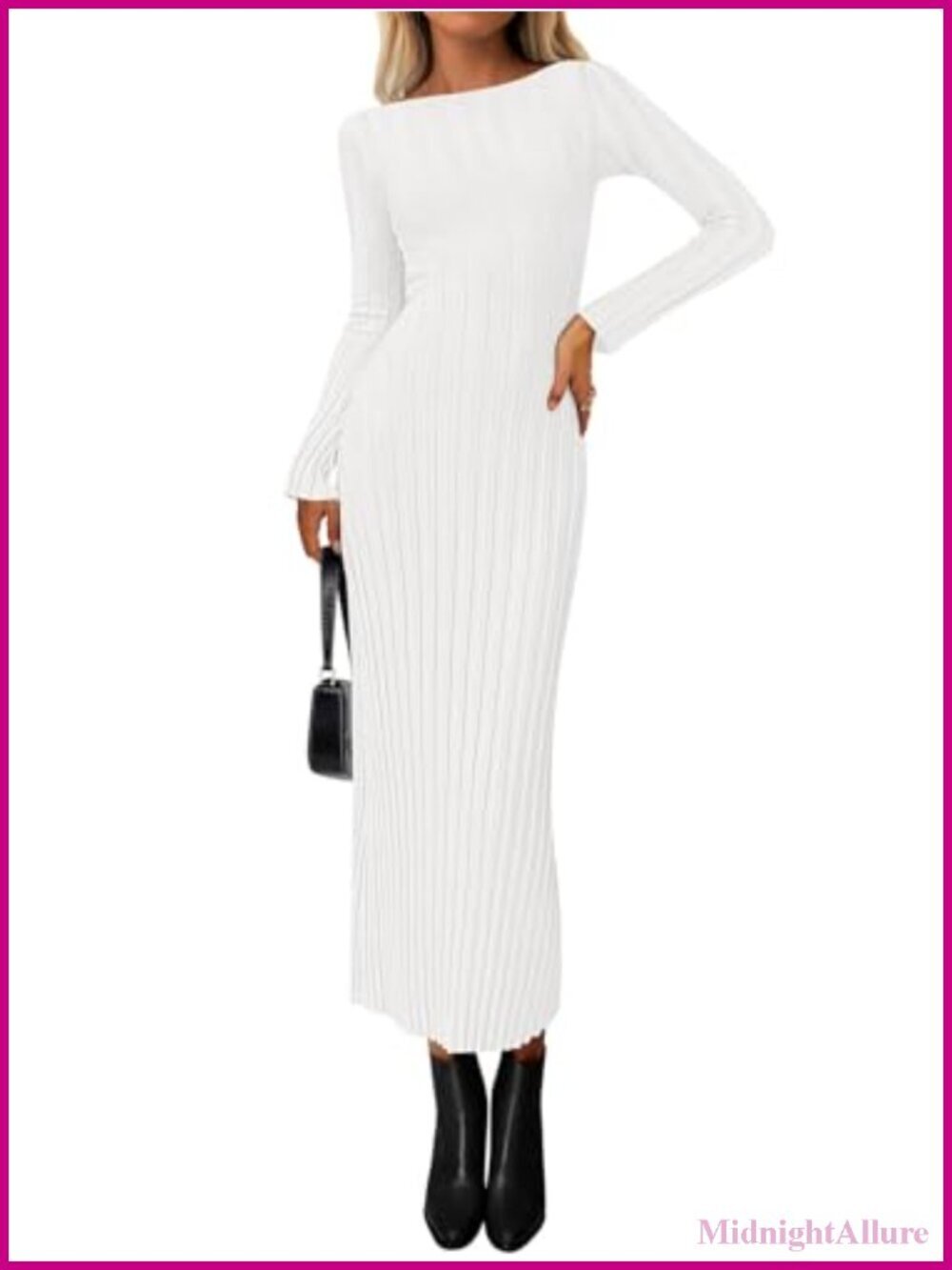 Sweater Dress Bodycon Maxi Long Sleeve Ribbed Knit Boat Neck Pullover